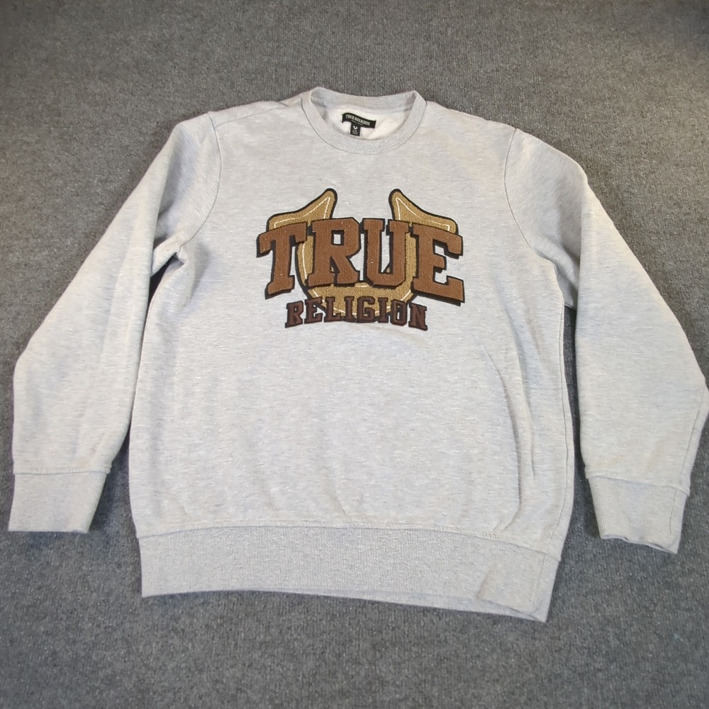 True Religion Mens Gray Chenille Logo Horseshoe Crewneck Sweatshirt Large #2667
